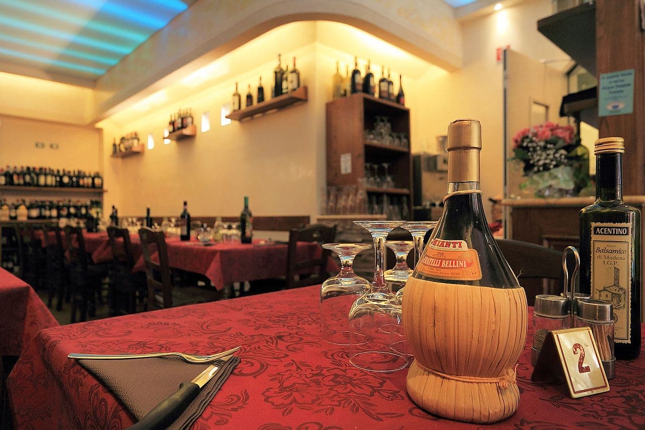 Chianti bottle on a table at Trattoria Katti